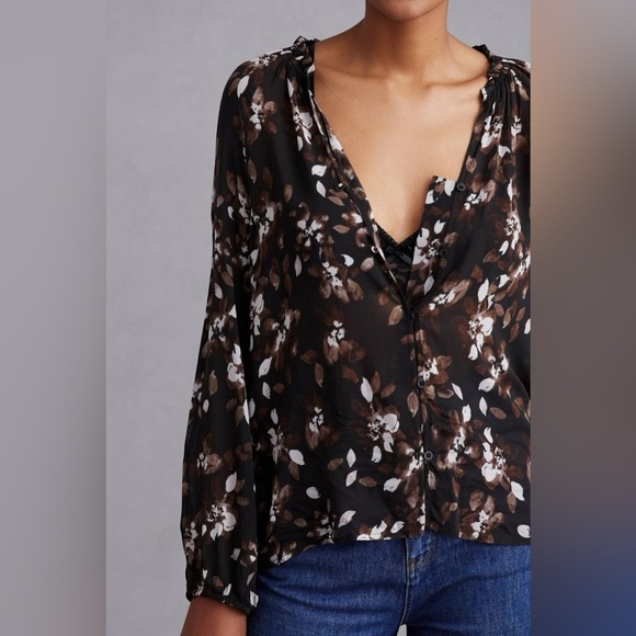 NWT Anthropologie Cloth and Stone Dark Romantic Black Brown Floral Blouse XXS - Picture 4 of 9